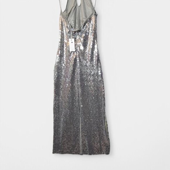 Mango Halterneck Sequin Midi Dress Silver Keyhole Cocktail Event Prom NWT - Picture 8 of 16
